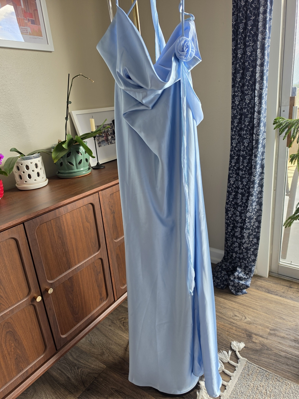 Peppermayo Sky Blue Draped Maxi Slip Dress with Rosette Strap